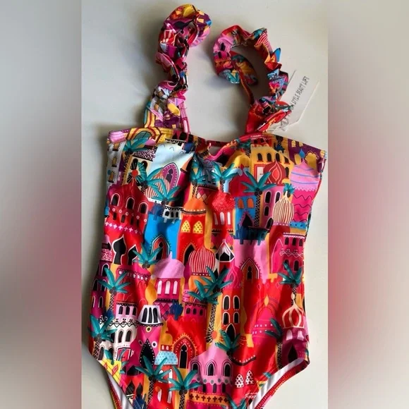 Sporlike One Piece Swimsuit Ruffle Straps Colorful New Size Small - Picture 2 of 7